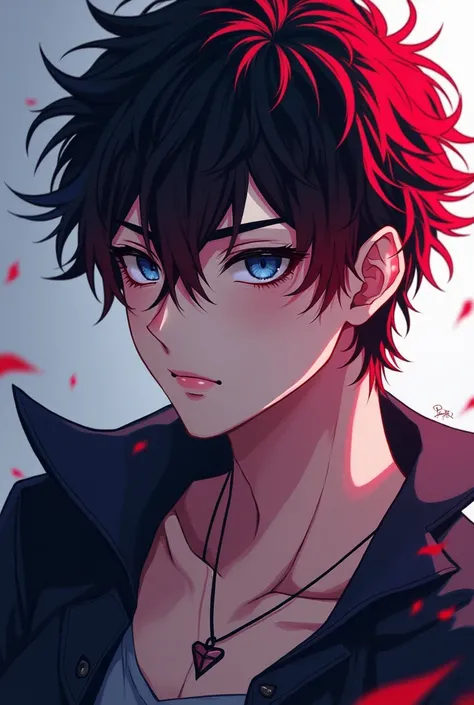 Anime handsome man, dark blue eyes, red and black hair color 