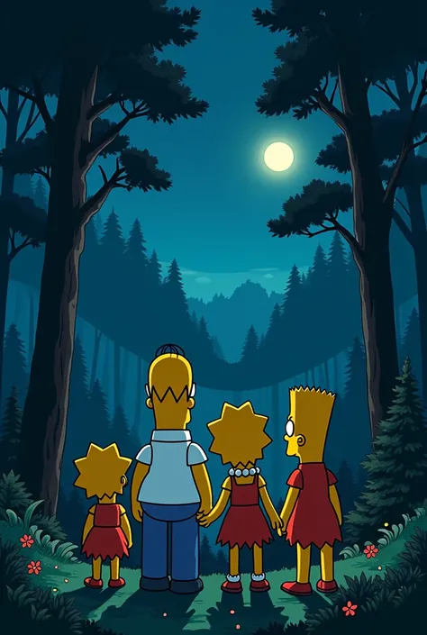 High resolution, The Simpsons back view，Lo-Fi，Night view，nature，forest