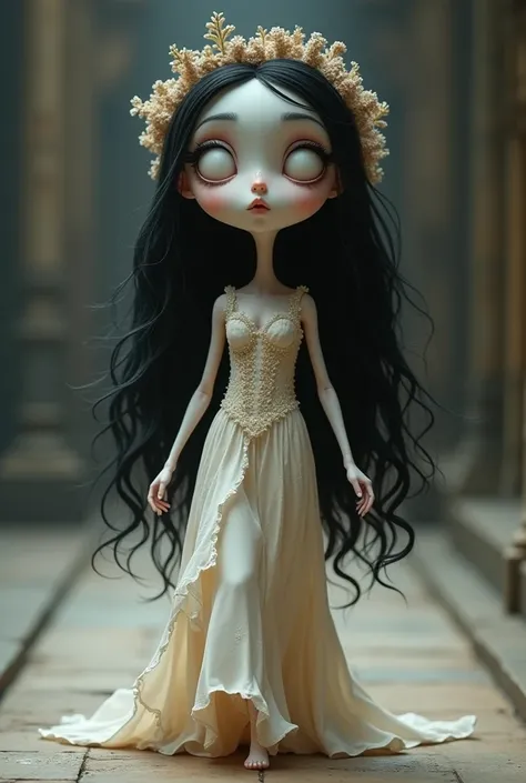 An adorable  royal baby, with the face of the drawing the corpse bride,wearing the same wedding outfit she wore in the drawing, the baby parading on the catwalk ultra realistic moving camera 4k the baby brunette long wavy black hair the torn dress in tiara...