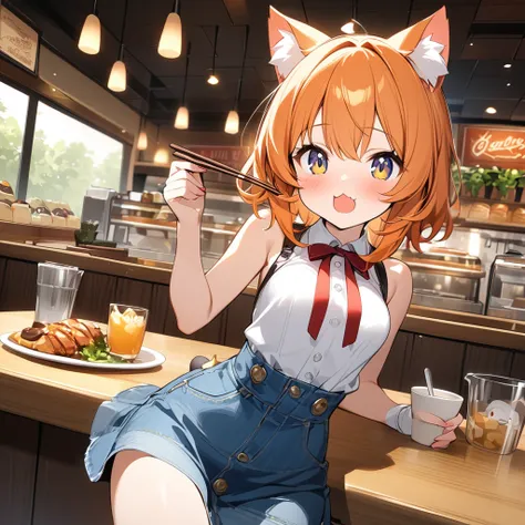 young girl、very cute、small、firm breasts、denim skirt、orange hair、high quality backgrounds、restaurant、cat ears、cat&#39;s-tail、eati...