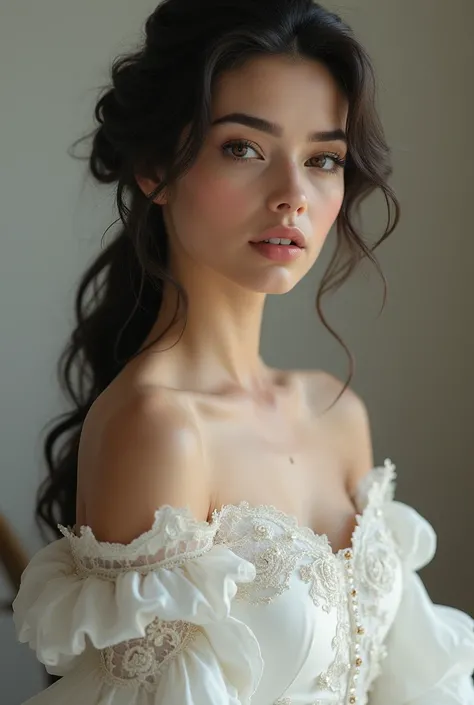 A beautiful lady wearing sophisticated flowing white dress