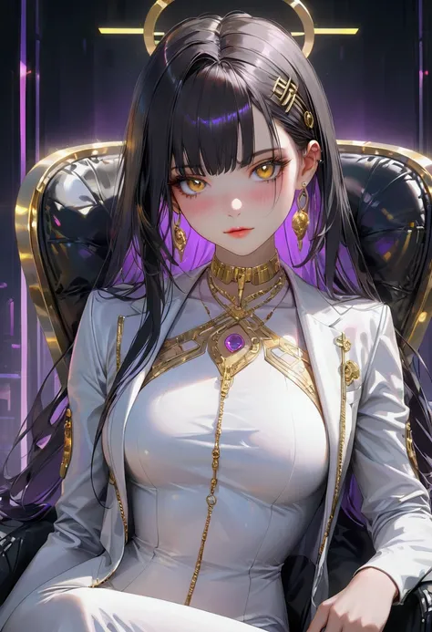 Long smooth straight black hair, inner colored dark-purple hair, golden eyes,sitting cyberpunk, masterpiece, super detail, best quality, 8k,realistic