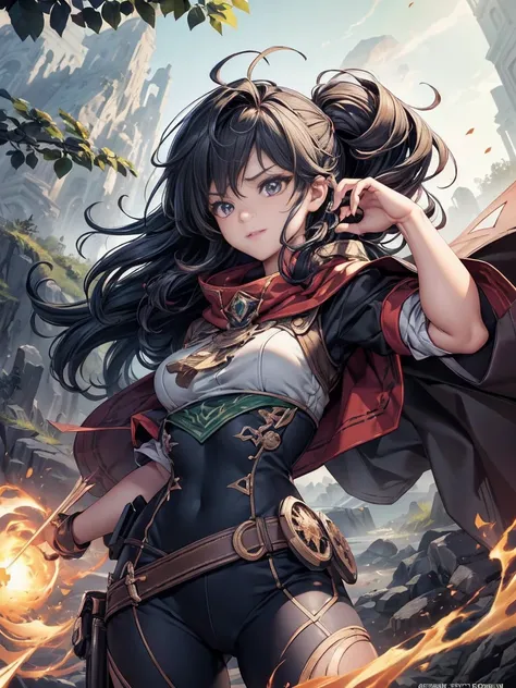 (Best Quality:1.2, Very detailed, up to date, A lonely look, 超High resolution, High Contrast, masterpiece:1.2, Best Quality, Best aesthetics), cute,(Ash: Shooter,Characters appearing in League of Legends,Female Hunter),Nordic forest background,Black hooded...