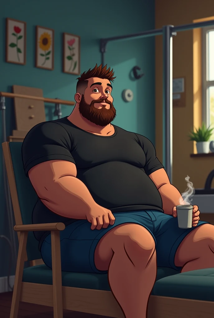 a little strong man, a little belly,  short beard, brown eyes, brown hair, short fade, side hairstyle, scraping both sides, wearing blue shorts and a black t-shirt, having coffee in a Pilates studio, in realistic dark animation style