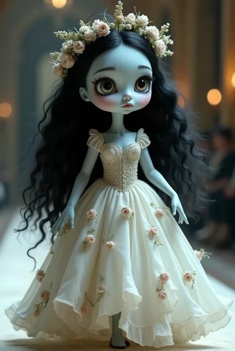 An adorable  royal baby, with the face of the drawing the corpse bride,wearing the same wedding outfit she wore in the drawing, the baby parading on the catwalk ultra realistic moving camera 4k the baby brunette long wavy black hair the torn dress in tiara...