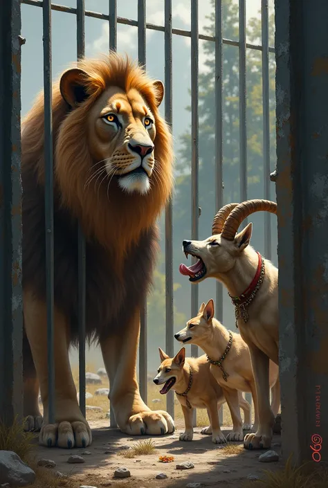 Lion behind jail and outside 10 dogs struggling for bone. That bone is in the mouth of markhor . 
Lion should be inside jail and dogs and markhor are outside jail.
Markhor should be 1 and dogs should be 10. 