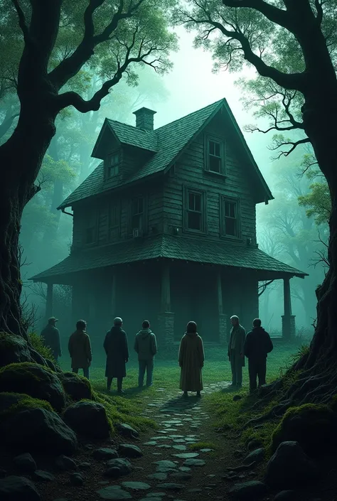 a horror home in forest and the all people off village looking at the house 