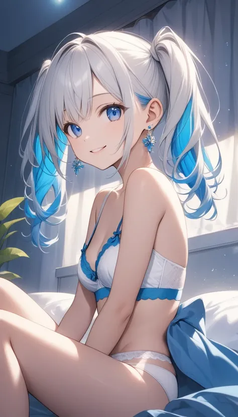 One,Cute  girl,Young face、Slim figure、Thin legs,((Simple earrings))、((White hair colour、Bright cobalt blue inner color hairstyle、Straight hair type,Pigtails hanging around the shoulders), （((White bra and white panties)))、Beautiful Hair, Facial Contour, Re...