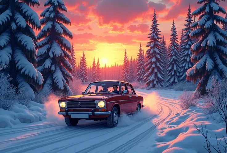 VAZ 21099 drives through the forest in winter, sunset, anime style 