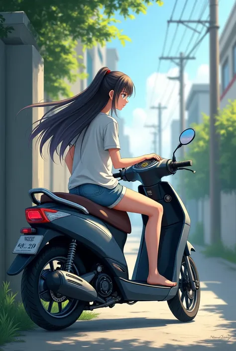 A girl sitting on a parked motorbike, facing right, and in front of her is a high school boy. 