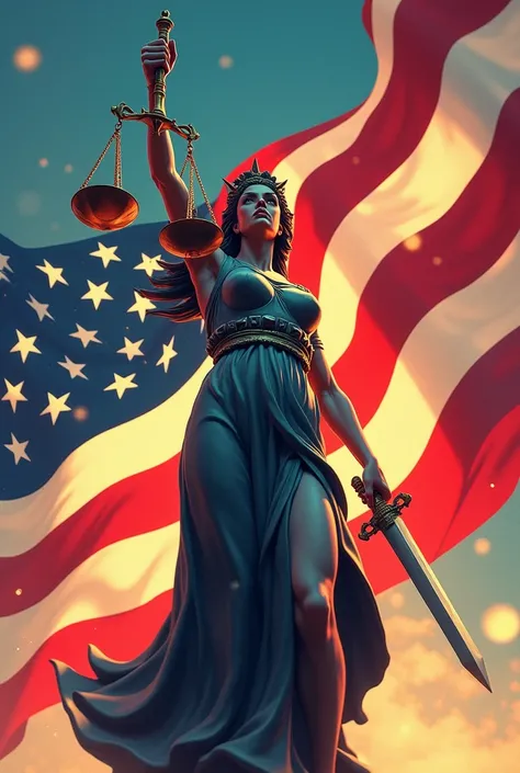 Make a animated photo of justice for crime award and add american flag behind it 