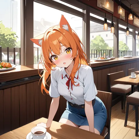 Viewer discretion advised、Young girl、Very cute、small、Firm breasts、Denim skirt、Orange Hair、High Quality Backgrounds、restaurant、cat ears、cat&#39;S-tail、Embarrassing、Crowded、Falling、Top-down view、Panties are visible、Juice overflows、Wet clothes