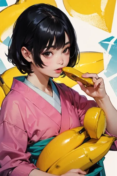 ((Best Quality)), ((masterpiece)), (detailed), Japanese,Young Girl,Licking a banana with his tongue out,Front face,Dark Eyes,Black Hair,Bust Shot,Looking at the camera,