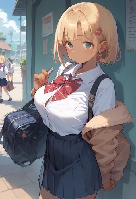 jk gal、brown skin、blonde、big breasts、school uniform、holding a chupa chups