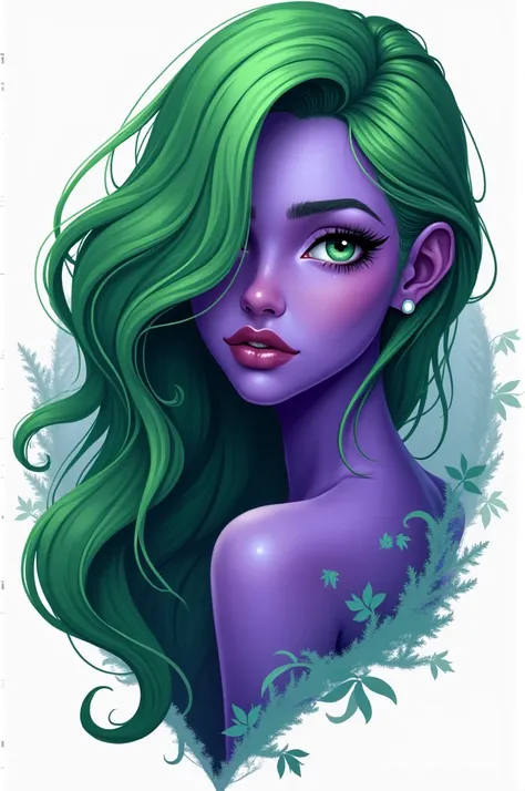 Logo of a woman with green hair and violet skin color 