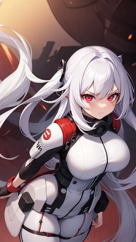 1girl, two-tone hair, white hair, scarlet hair detailing, Hair Over Shoulder, Absurdly Long Hair, Closed Mouth, Red Eyes, Heterochromia, Purple Eyes, Serious, Star-Shaped Pupils, Annoyed, full-bodied diving suit, white diving suit, Gas mask, white gas mask...