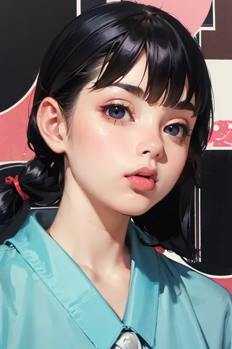 ((Best Quality)), ((masterpiece)), (detailed), Japanese,Young Girl,Sticking out his tongue and licking a lollipop,Front face,Dark Eyes,Black Hair,Pigtails,Close-up shot,Looking at the camera,