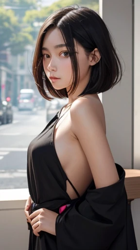 a girl who has short, beautiful shoulder-length hair and eyes that have the impression of a sharp gaze and has a cheeky and indifferent facial gesture、(body shot)、thin