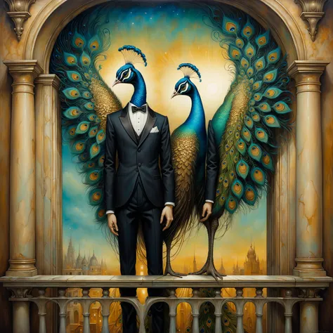 in the style of Naoto Hattori, Mark Ryden, Josephine Wall, Artgerm and Greg Rutkowski, Esao Andrews, painting of a peacock standing on a balcony with a man in a tuxedo. The light is soft and diffused, creating subtle shadows. The overall mood is otherworld...