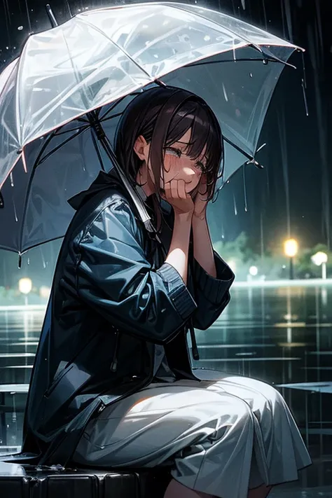 Crying woman　Sad face　Tears overflow　Night Park　Wet with rain　Sitting down　