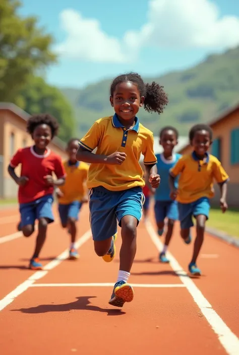 Les élèves de primaire et le maître en tenues de sport au cours du sport entrain de faire la course au relais dans une école en Afrique 