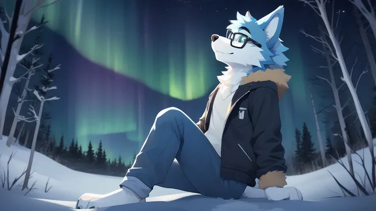 ((best quality)), ((masterpiece)), (detailed), perfect face 1 adult male light blue anthro Wolf with light blue fur wearing jacket, jeans, and rectangle clear lens eyeglasses relaxing at the forest all by himself looking up at the aurora sky at night, look...