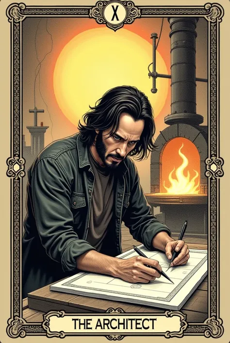 A tarot card numbered XXV and titled The Architect drawing of Keanu Reeves as an architect with bright eyes while designing on a drawing board, the sun and a big forge in the background