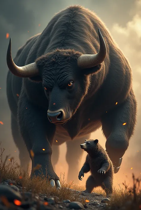 Create a Picture Add One Big Bull and One Bear with is Smaller the Tha Bulls There Faces Are on The Right side and Add  Forex Trading Candlesticks in The Background