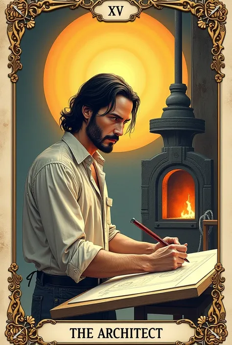 A tarot card numbered XXV and titled The Architect drawing of Keanu Reeves as an architect with bright eyes while designing on a drawing board, the sun and a big forge in the background