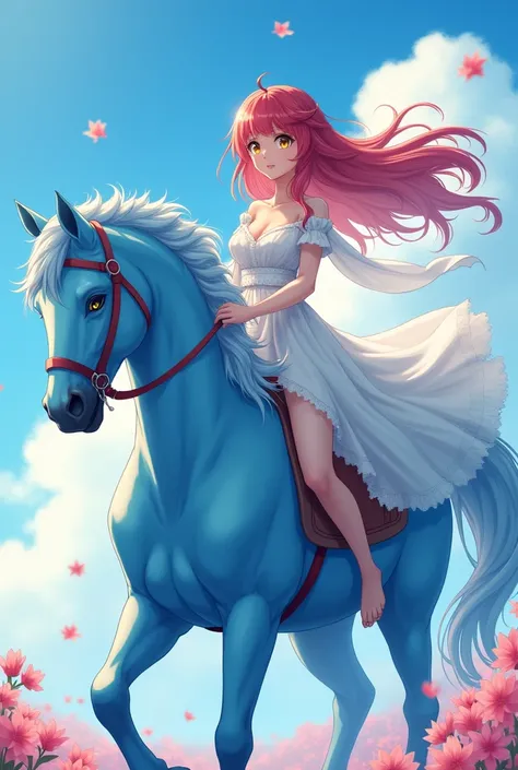 An anime girl with long red hair and yellow eyes on a sky blue horse