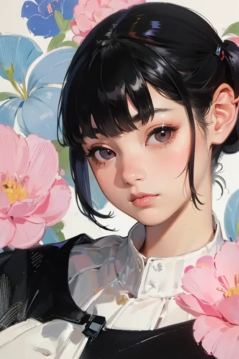 ((Best Quality)), ((masterpiece)), (detailed), Japanese,Young Girl,Front face,Dark Eyes,Black Hair,Pigtails,Face close-up,Looking at the camera,