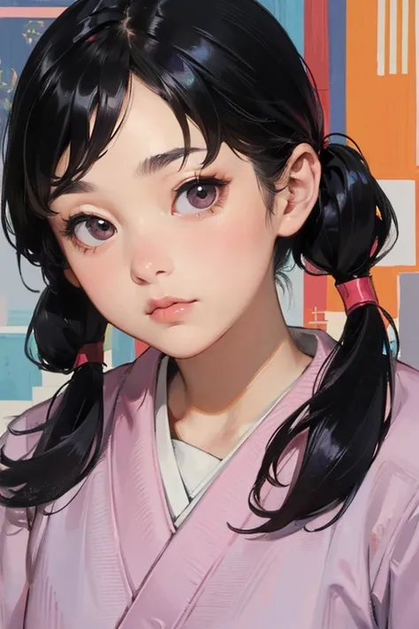 ((Best Quality)), ((masterpiece)), (detailed), Japanese,Young Girl,Front face,Dark Eyes,Black Hair,Pigtails,Face close-up,Looking at the camera,