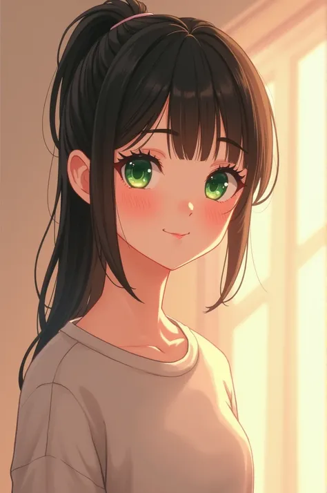 A sweet innocent looking girl with dark shoulder length hair in a loose ponytail with curtain bangs and heart shaped face with high cheekbones and pointed chin. She has a beautiful smile . And often wears sweatshirts. Large green almond eyes with a upturne...