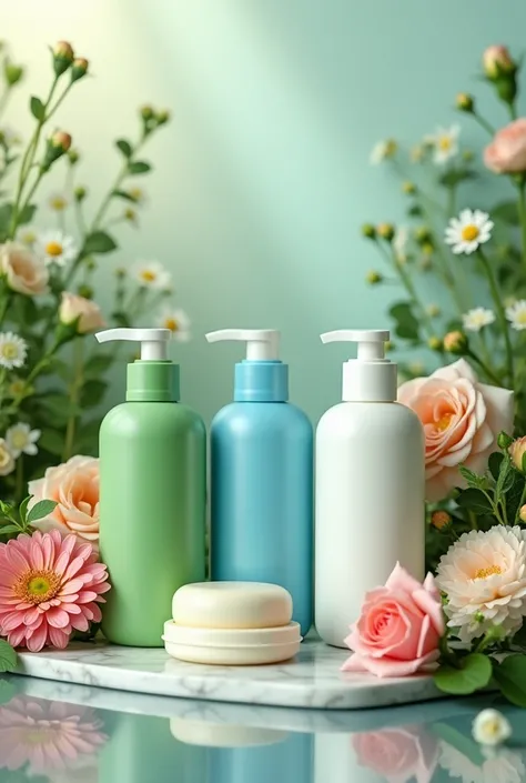 Create an image of 15 ml small plastic bottles with cap containing green shower gel and blue shampoo and white conditioner along with a small soap box and some hotel room amenities/toiletries on a surface surrounded with flowers like chrysanthemum, roses a...