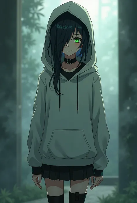 anime-style, Goth, femboy, boy, black hair, Extremes Long Hair, Hair above one eye on the left side, Hair in front of the ear, Hide ears, smile, fog, pale face, green eyes, White hooded hoodie, Black collar, black skirt, black boots,wide angle shot, strand