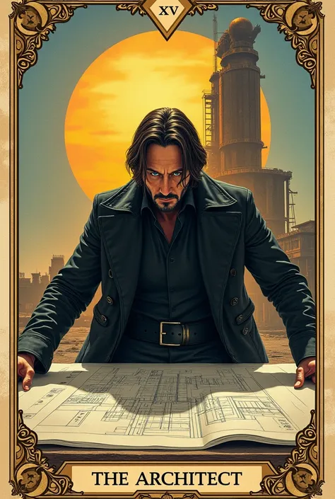 A tarot card numbered XXV and titled The Architect drawing of Keanu Reeves as an architect wearing a black trench coat with bright eyes while designing on a drawing board, the sun and a big forge in the background