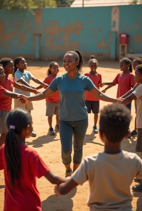 Les élèves de primaire et le maître en tenues de sport au cours du sport formant un grand cercle dans une école en Afrique ( le visage de tous est visible) 