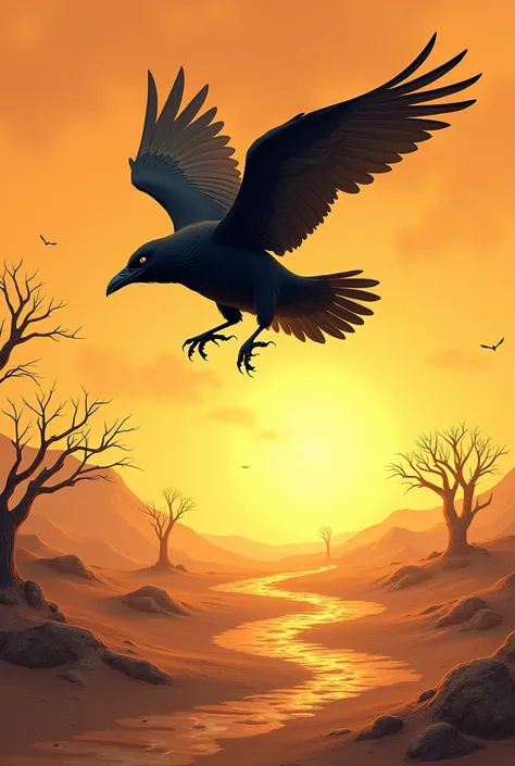 A thirsty crow flies over a dry landscape with trees, searching for water under the hot sun. The crow looks tired as it flies through the sky, scanning the ground below."