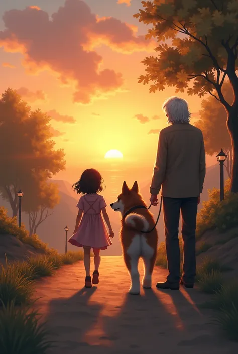 Around sunset、Girl walking a big dog。A white-haired old man watches over them.