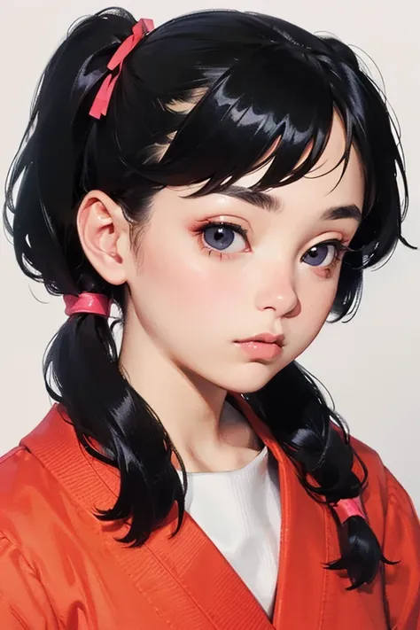 ((Best Quality)), ((masterpiece)), (detailed), Japanese,Young Girl,Front face,Dark Eyes,Black Hair,Pigtails,Face close-up,Looking at the camera,