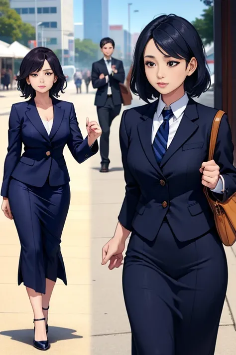 A career woman wearing a navy blue suit、Age 33、One person、She is wearing a navy blue tight skirt under her suit.、