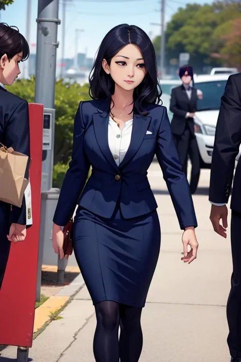 A career woman wearing a navy blue suit、Age 33、One person、She is wearing a navy blue tight skirt under her suit.、