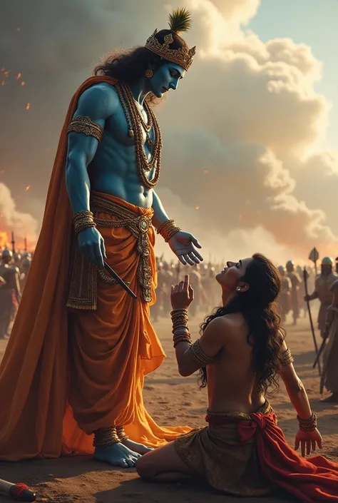 Krishna in Mahabharata majestic.
With a war going on behind him, he is giving giving blessings to arjun