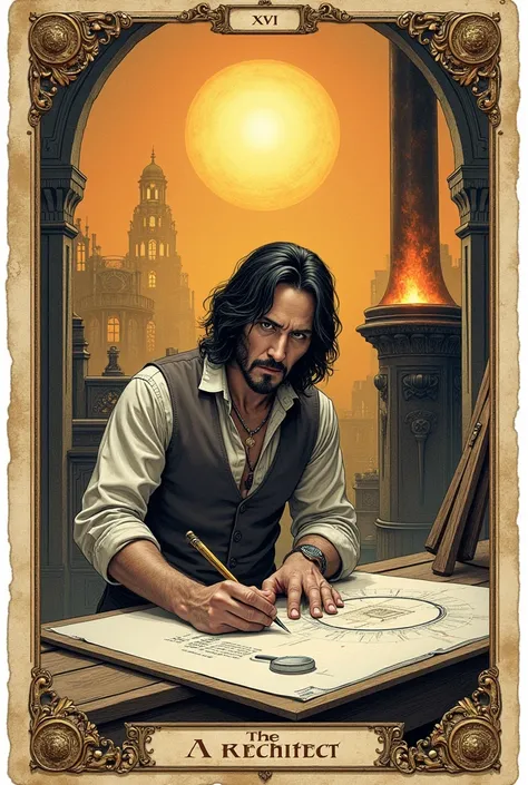 A tarot card numbered XXV and titled The Architect drawing of Keanu Reeves as an architect with bright eyes while designing on a drawing board, the sun and a big forge in the background