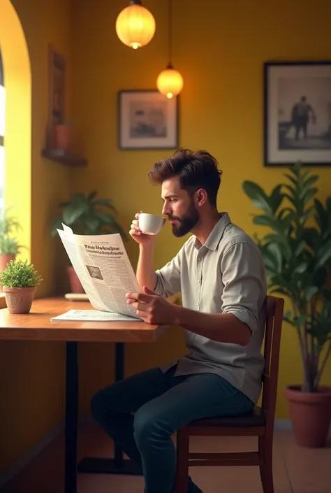 A man drinking coffee and reading a newspaper sitting at a table in the model bakery in Caçapava do Sul, with yellow wall in the background and warm lights

