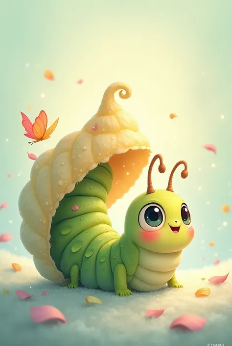 Beautiful Caterpillar flying out of a cocoon cute and cartoon style