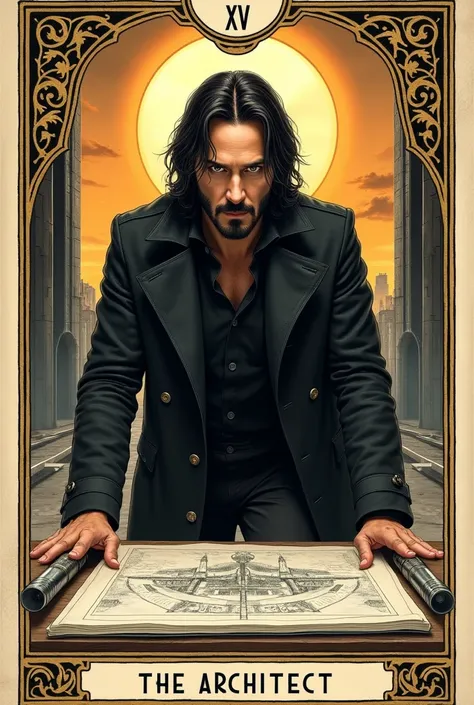 A tarot card numbered XXV and titled The Architect drawing of Keanu Reeves as an architect wearing a black trench coat with bright eyes while designing on a drawing board, the sun and a big forge in the background