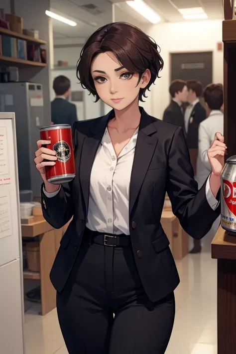 A career woman, 3, wearing a suit,1 person、Hairstyle: Short Hair Permanent,Drinking a can of beer
