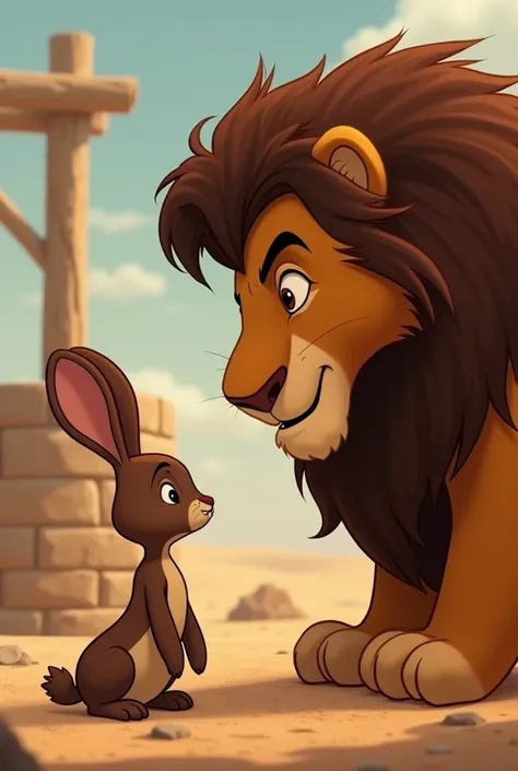 An animation of a big brown rabbit talking to a lion thats its sitting near a well in a dry land the lion is large and fierce and its listening to the rabbit 