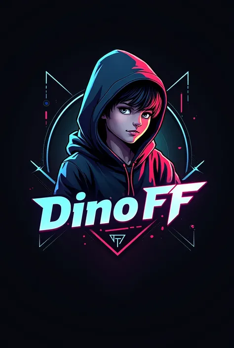 This is a gaming logo that features the name "DiNO FF" in a futuristic front and neon black and white color and a boy with genzy hoddie. The logo is designed to be attractive and eye catching, and to appeal to gaming enthusiasts